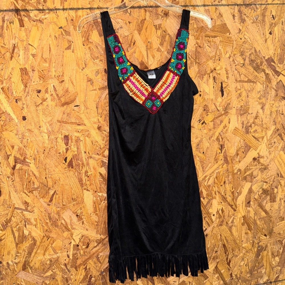 Pocahontas Native American Halloween Costume Black‎ Beaded Boho Mini Dress Large
